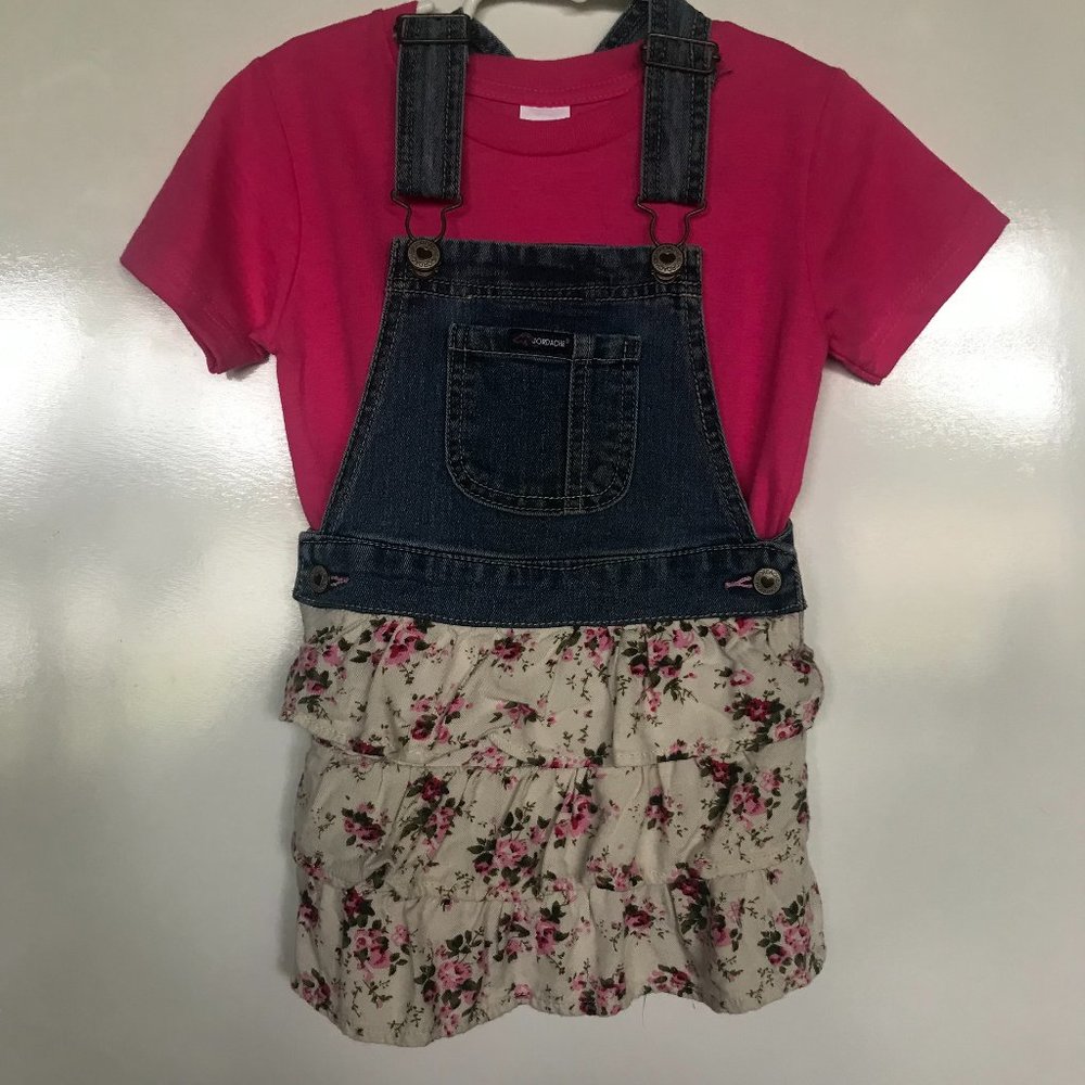 Jordache girls bib denim & floral skirt with pink short sleeve shirt size 3T